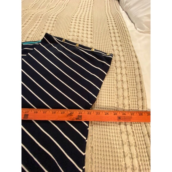 Jones New York Blouse Size XL Navy Striped Top Cap Sleeves Gold Buttons V Neck - Picture 9 of 10